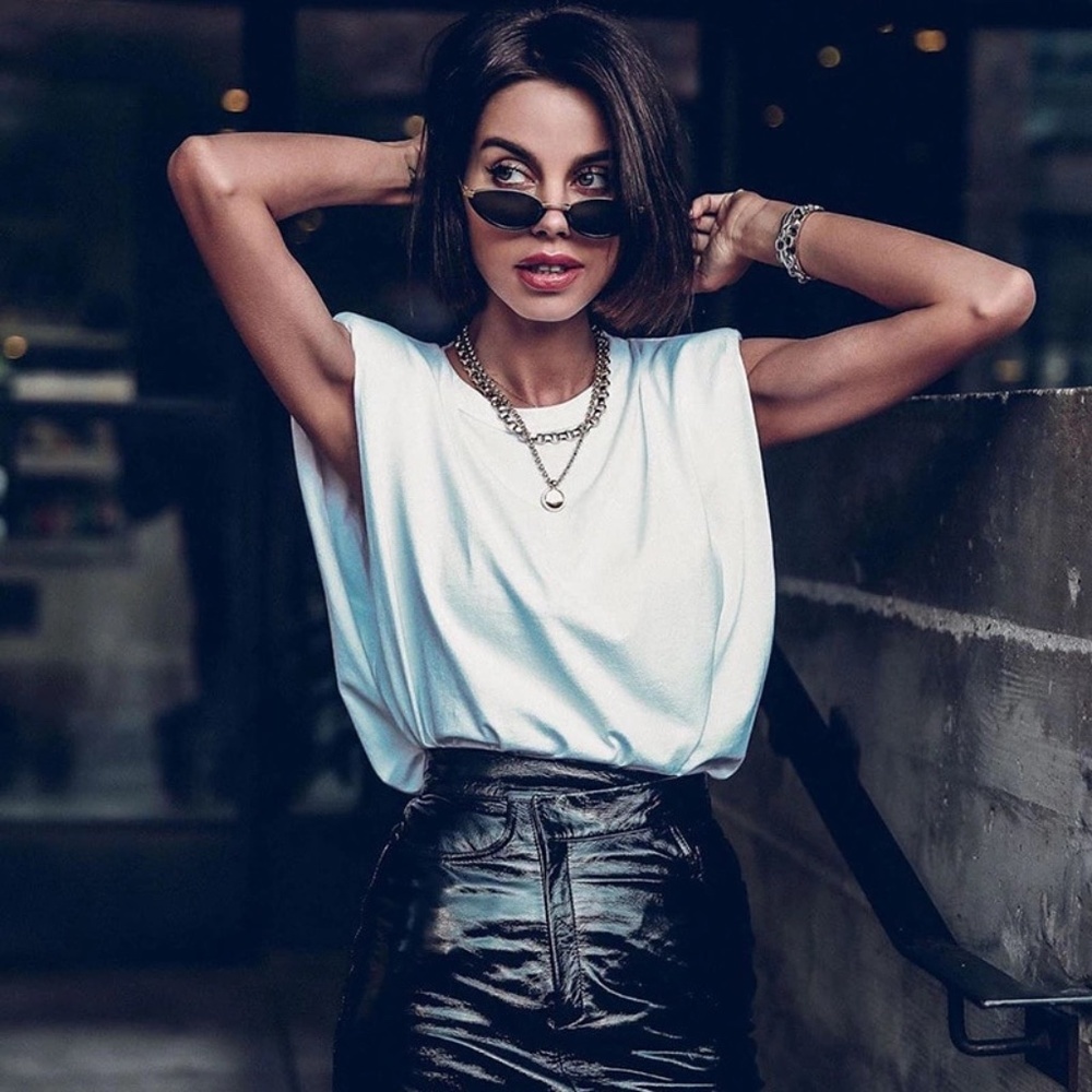 Cotton Padded Shoulders White Muscle Tee Shirt